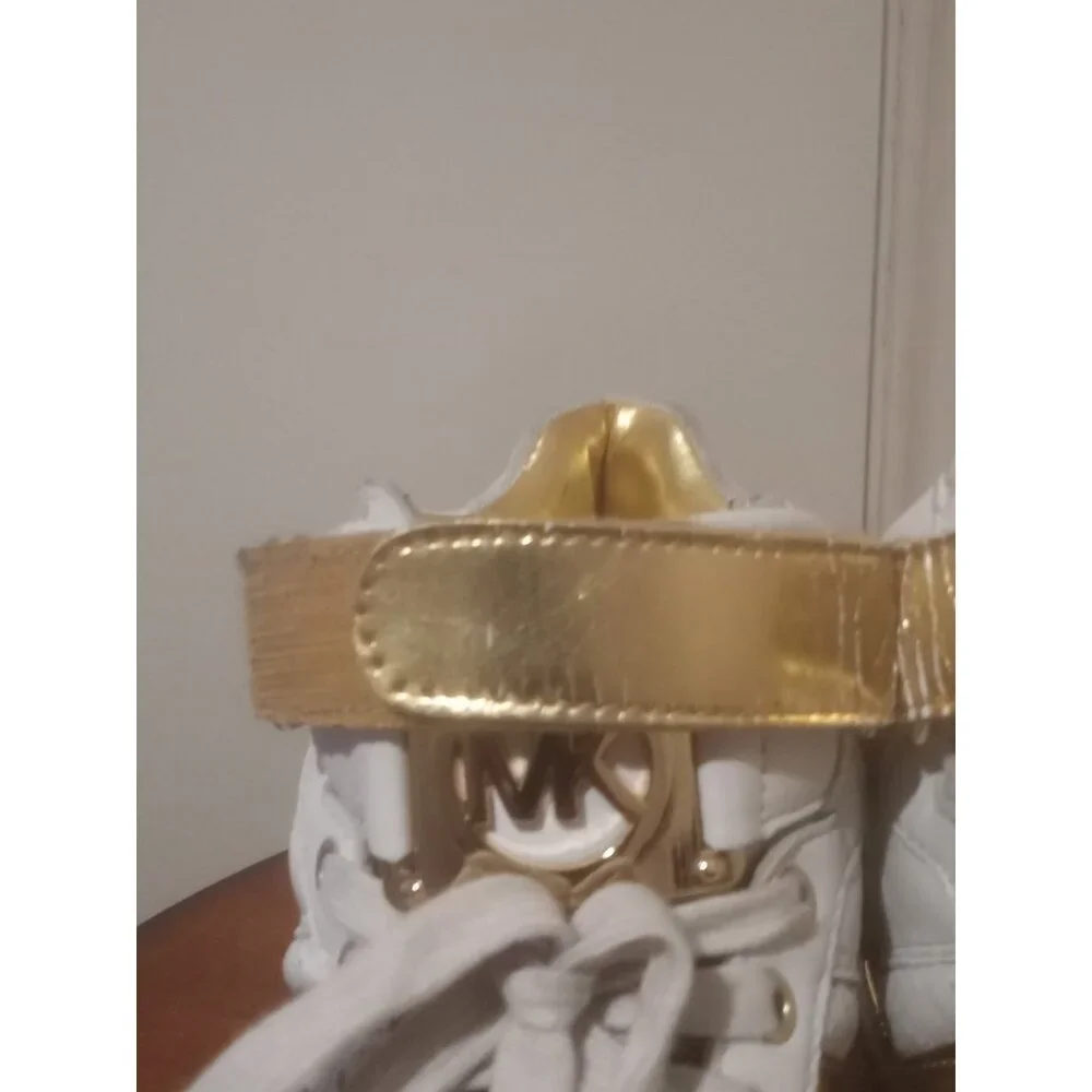 Women Michael Kors Athletic Tennis Shoes hightop logo SZ 7.5M Gold/white Leather - Picture 7 of 14